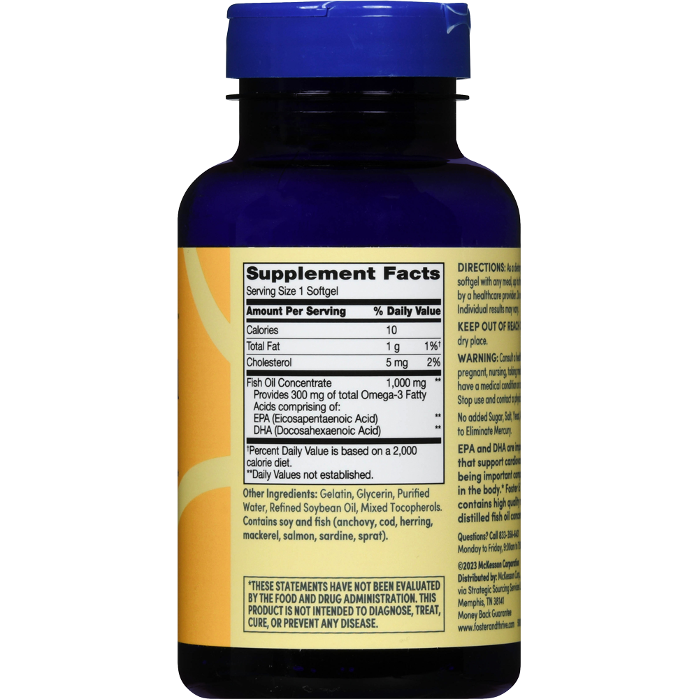 Foster and Thrive Fish Oil 1000mg Softgels – Omega-3 EPA & DHA for Heart, Brain & Joint Health – 100 Count – Gluten-Free