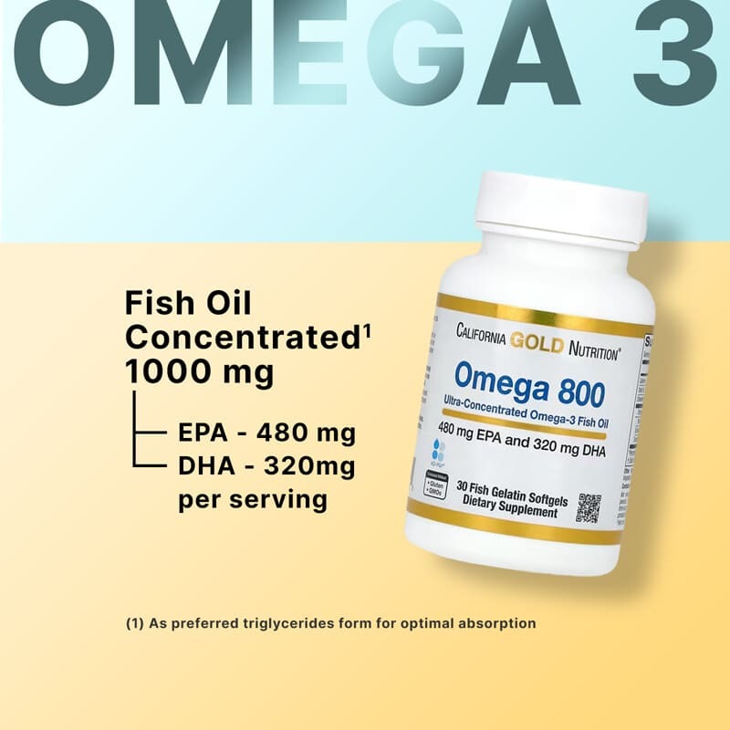 California Gold Nutrition, Omega 800 Ultra-Concentrated Omega-3 Fish Oil, kd-pur Triglyceride Form, 1,000 mg, 30 Fish Gelatin Softgels