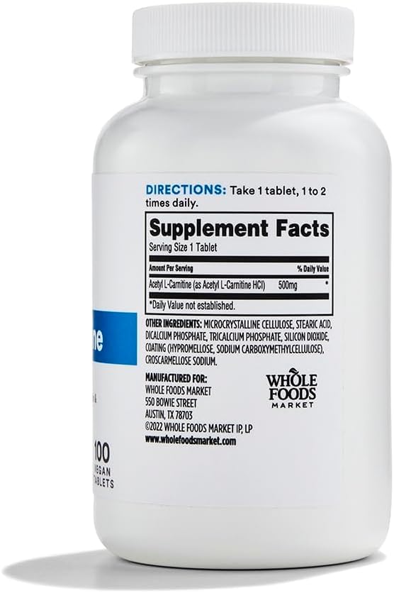 Whole Foods Market Acetyl L-Carnitine 500mg – Brain, Energy & Nerve Support – Non-GMO – 100 Tablets