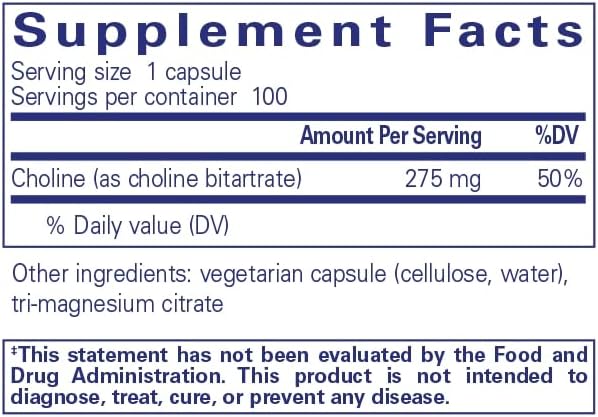Pure Encapsulations Choline Bitartrate 275mg – Brain, Methylation & Cell Support – Vegan – 100 Capsules