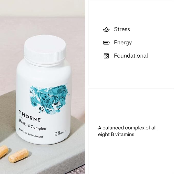 THORNE Basic B-Complex – Tissue-Ready, Energy, Brain & Red Blood Cell Support – With Choline – 60 Capsules