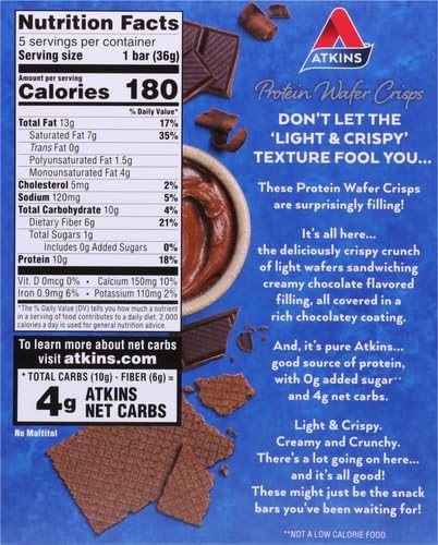 Atkins Chocolate Crème Protein Wafer Crisps – Keto Friendly, High Fiber, Low Sugar, Protein Dessert, 5 Count