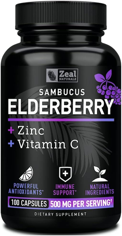 Zeal Naturals Elderberry Capsules with Vitamin C & Zinc – 500mg Sambucus Extract – Max Strength 3-in-1 Immune Support – Non-GMO, Gluten-Free – 100 Capsules