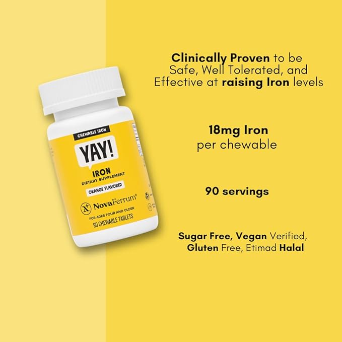 NovaFerrum Yay Chewable Iron 18mg – Vegan, Sugar Free Iron for Kids & Adults – Orange Flavor – 90 Servings