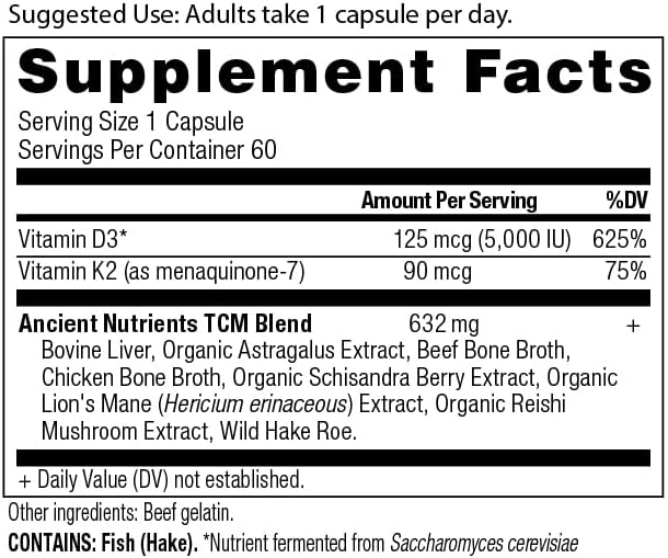 Ancient Nutrition Vitamin D3 5000 IU – Immune, Bone & Inflammation Support – Bone Broth & Mushroom – Paleo, Keto – 60 Capsules