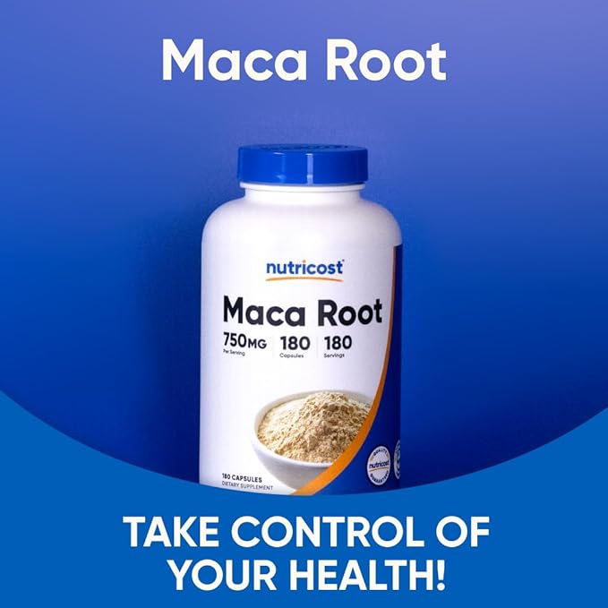 Nutricost Maca Root 750mg – Organic Peruvian Sourced – Energy, Mood & Hormonal Support – Non-GMO, Gluten-Free, Vegetarian – 180 Capsules