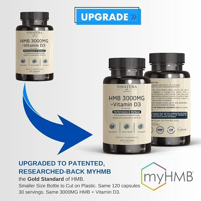 VINATURA HMB 3000mg & Vitamin D3 (1600 IU) Supplement – 120 Capsules, 30 Servings, USA Made & Tested