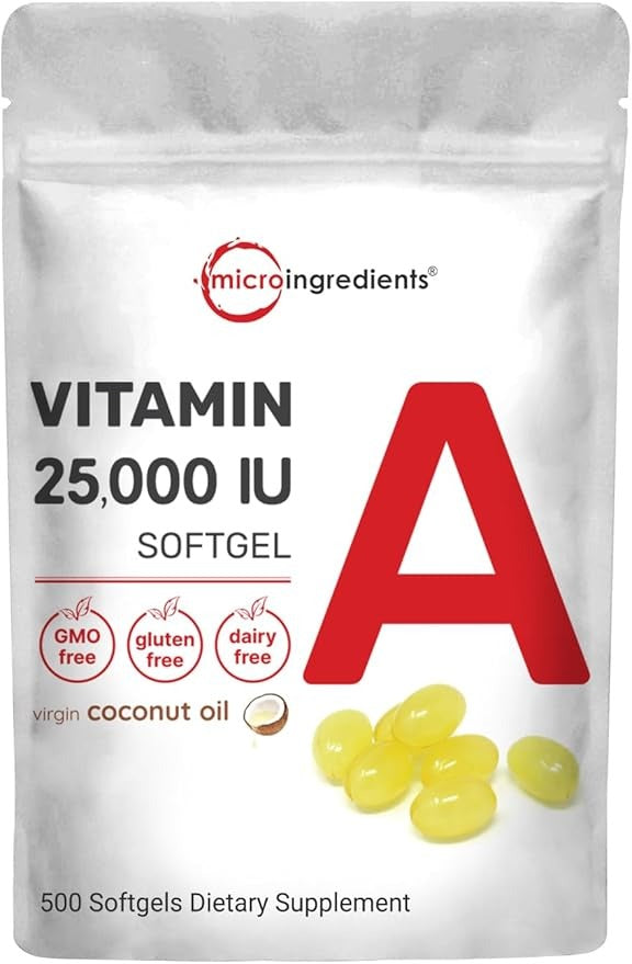 Micro Ingredients Vitamin A 25,000 IU – Maximum Strength, Vision, Immune & Reproductive Support – 500 Softgels with Coconut Oil