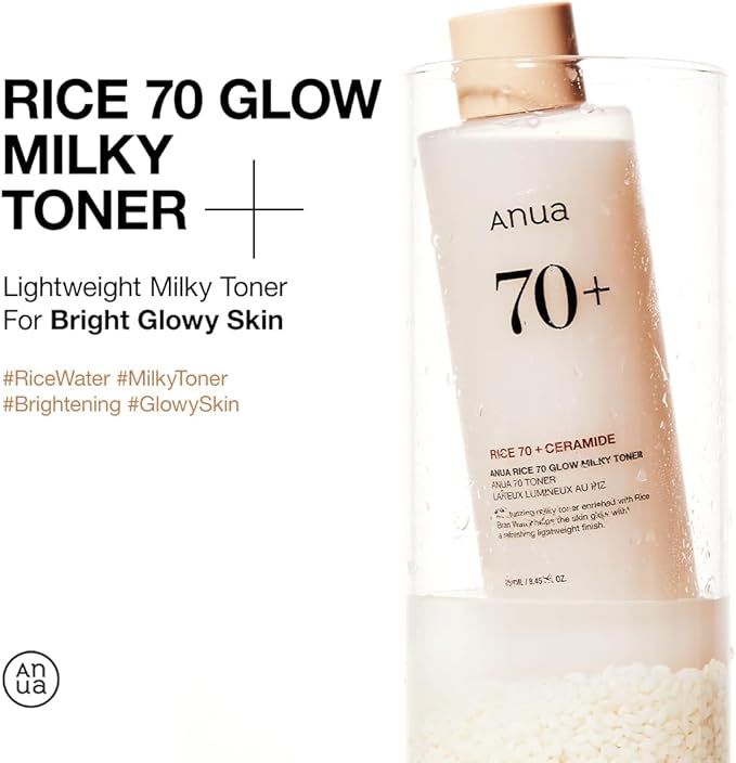 ANUA Rice 70 Glow Milky Toner – Rice Water, Niacinamide, Ceramides & Panthenol – Glass Skin, Hydrating & Brightening – Fragrance-Free, Non-Comedogenic, Fungal Acne Safe – 250ml