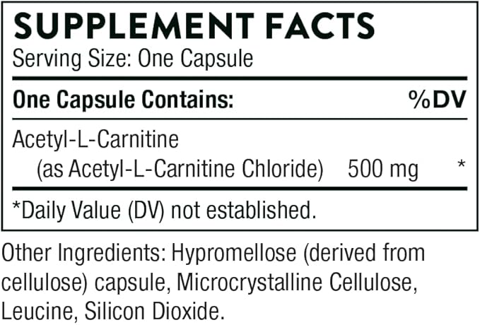THORNE Acetyl-L-Carnitine 500mg – Brain, Nerve & Cognitive Support – Antioxidant for Nerve Health – Gluten, Dairy & Soy-Free – 60 Capsules