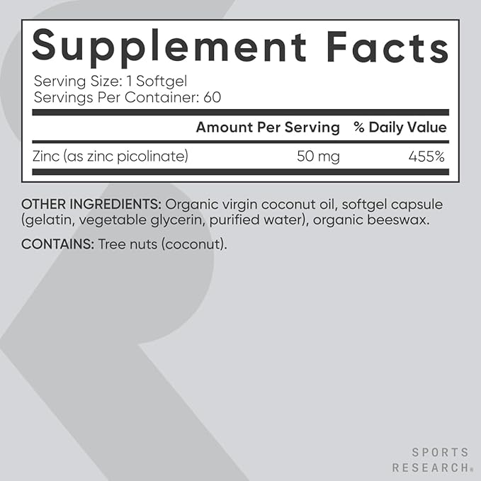 Sports Research Zinc Picolinate 50mg – Highly Absorbable Immune Support with Coconut Oil – 60 Softgels