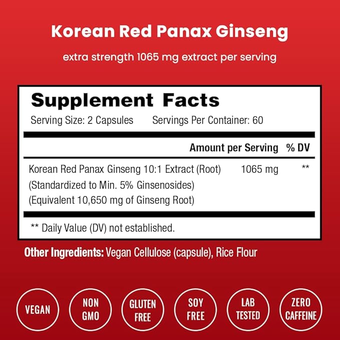 NutraChamps Korean Red Panax Ginseng Capsules – Extra Strength – Energy, Focus, Vitality & Immune Support – Non-GMO, Gluten-Free, Vegan – 120 Capsules