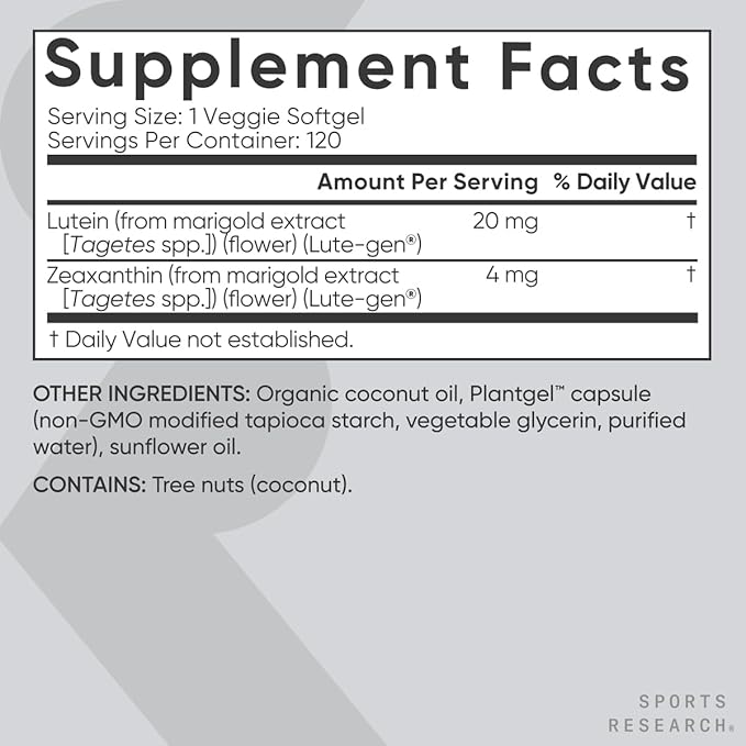 Sports Research Vegan Lutein 20mg + Zeaxanthin 4mg – Eye Health & Blue Light Protection – With Organic Coconut Oil – Non-GMO, Gluten-Free – 120 Softgels