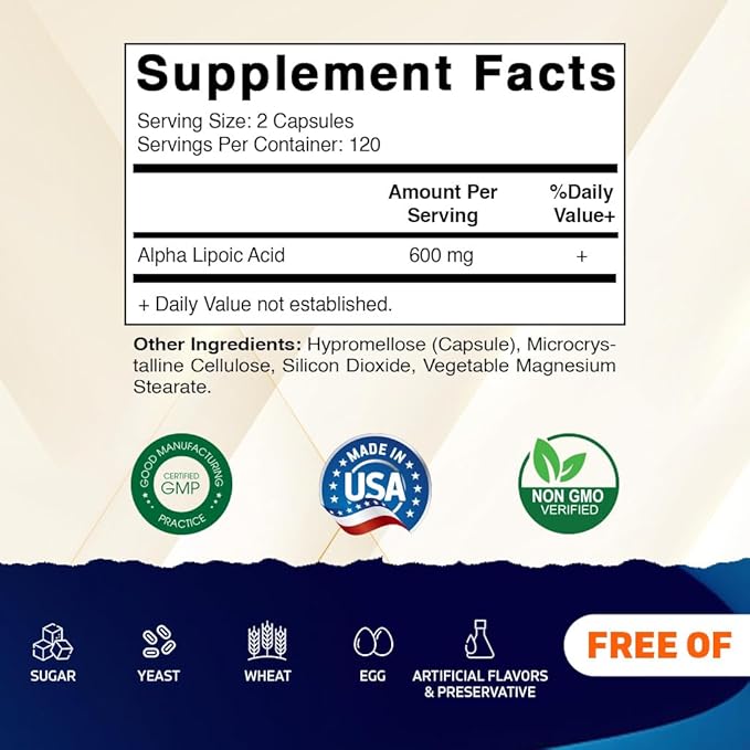 Vitamatic Alpha Lipoic Acid 600mg – Antioxidant for Nerve, Energy & Skin Health – Non-GMO, Gluten-Free, Vegetable Capsules – 240 Count (Value Size)