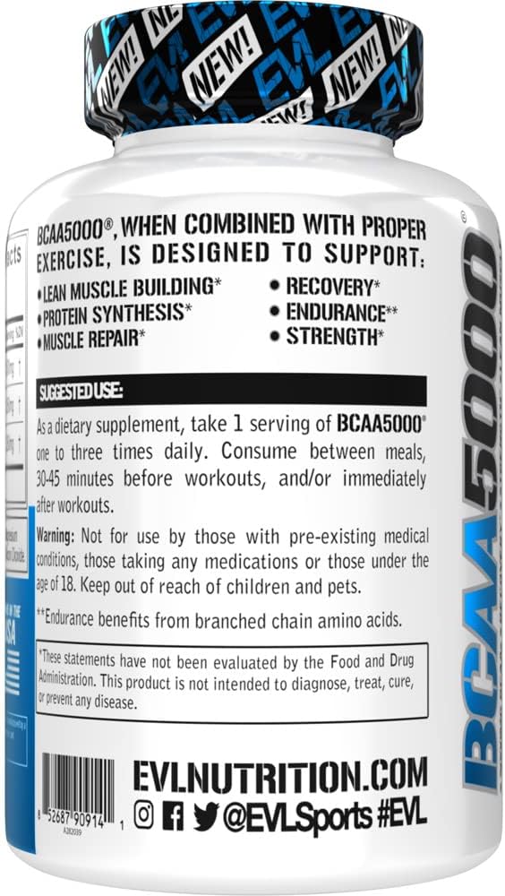 EVL BCAAs Amino Acids Supplement for Men – 2:1:1 Ratio, 5g BCAA Capsules, 30 Servings, Post-Workout Recovery & Lean Muscle Builder