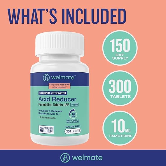 WELMATE Famotidine 10mg Acid Reducer – 300 Tablets – Heartburn & Indigestion Relief, Original Strength