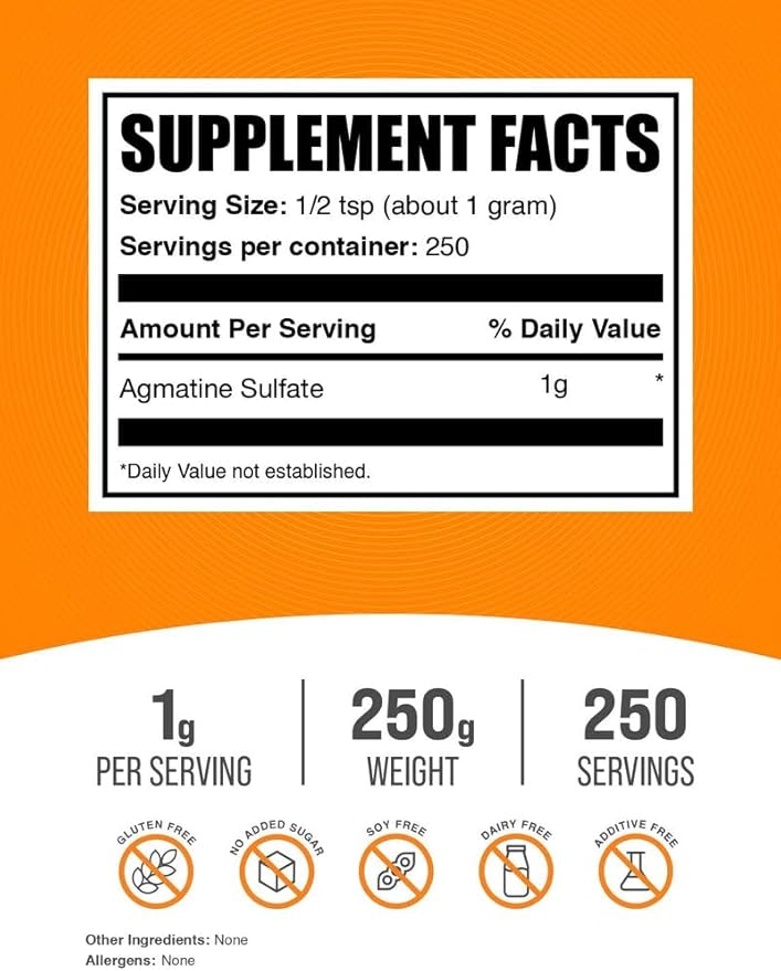BulkSupplements.com Agmatine Sulfate Powder – Unflavored, Nitric Oxide Booster, 1g Per Serving, 250g