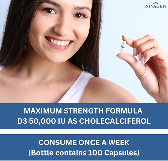 Vitamin D3 50,000 IU – High Potency, Once Weekly Bone, Immune & Teeth Support – 100 Capsules – Made in USA