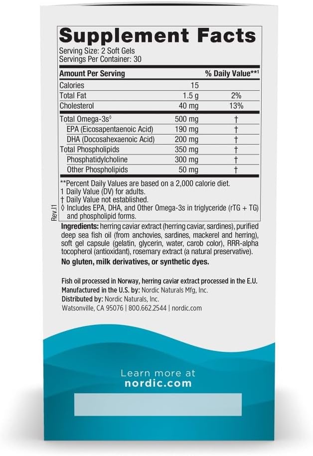 Nordic Naturals Omega-3 Phospholipids – 500mg Omega-3 + 350mg Phospholipids – Heart, Brain & Skin Health – Non-GMO, Sustainably Sourced Fish Oil – 60 Softgels