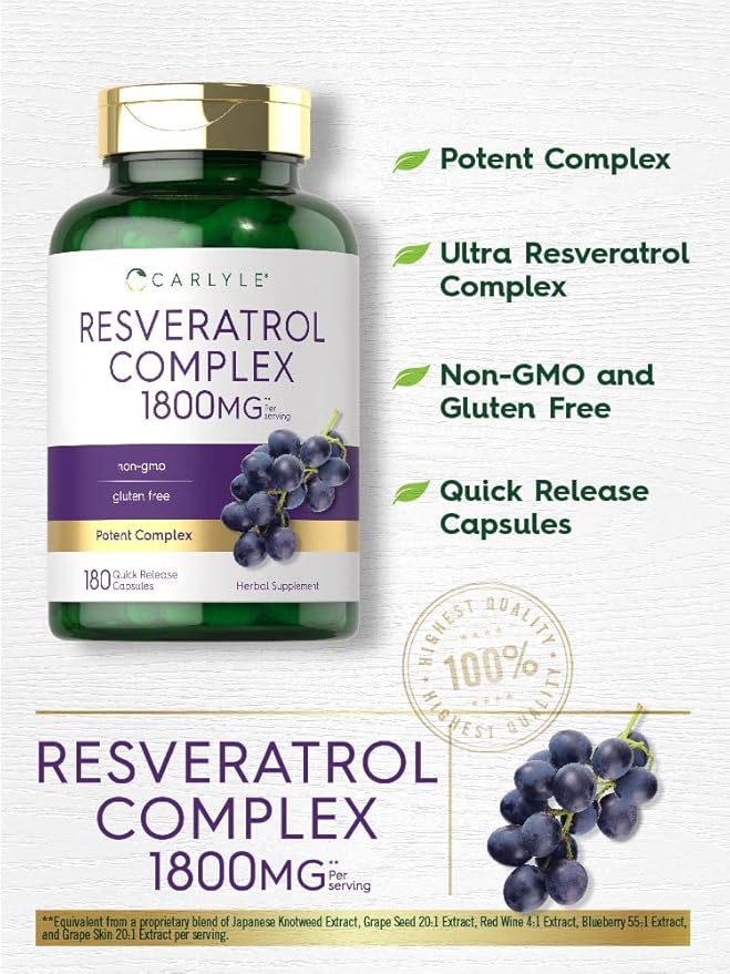 Carlyle Resveratrol 1800mg – Ultra Resveratrol Complex Antioxidant for Heart, Brain & Healthy Aging – Non-GMO, Gluten-Free – 180 Capsules