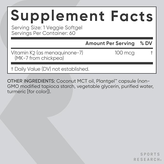Sports Research Vitamin K2 MK7 100mcg – Bone, Heart & Calcium Support – Coconut MCT Oil – Vegan, Non-GMO – 60 Softgels