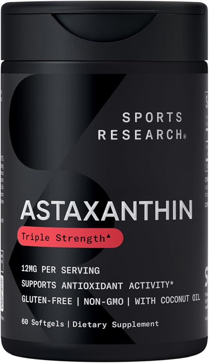 Sports Research Astaxanthin 12mg – Triple Strength Antioxidant with Organic Coconut Oil – Skin, Eye, Joint & Immune Support – Non-GMO, Gluten-Free – 60 Softgels