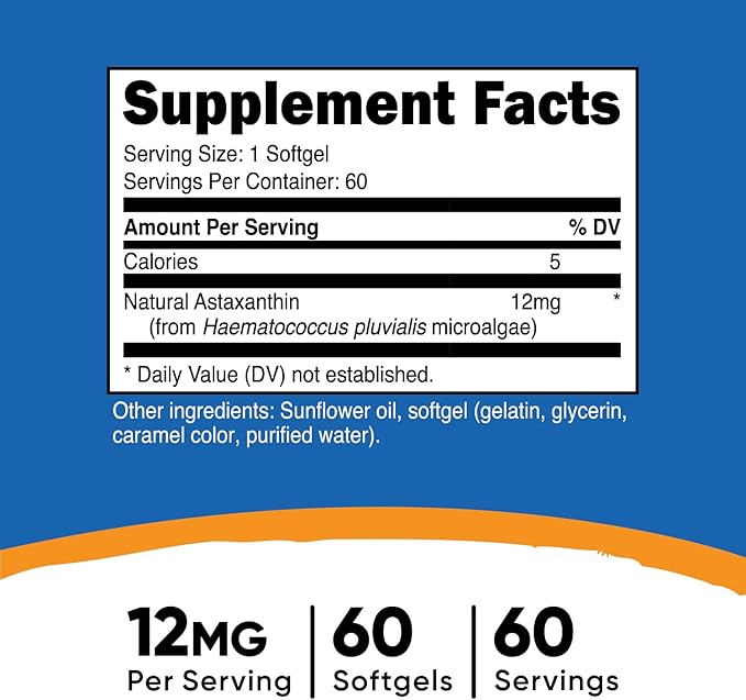 Nutricost Astaxanthin 12mg – Natural Microalgae Antioxidant for Skin, Eyes, Joints & Immune Support – Non-GMO, Gluten-Free – 60 Softgels (2 Month Supply)