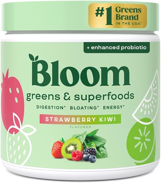 Bloom Greens & Superfoods Powder – Digestive Health, Bloating & Gut Support – Probiotics, Spirulina, Chlorella, Digestive Enzymes – Strawberry Kiwi – 30 Servings