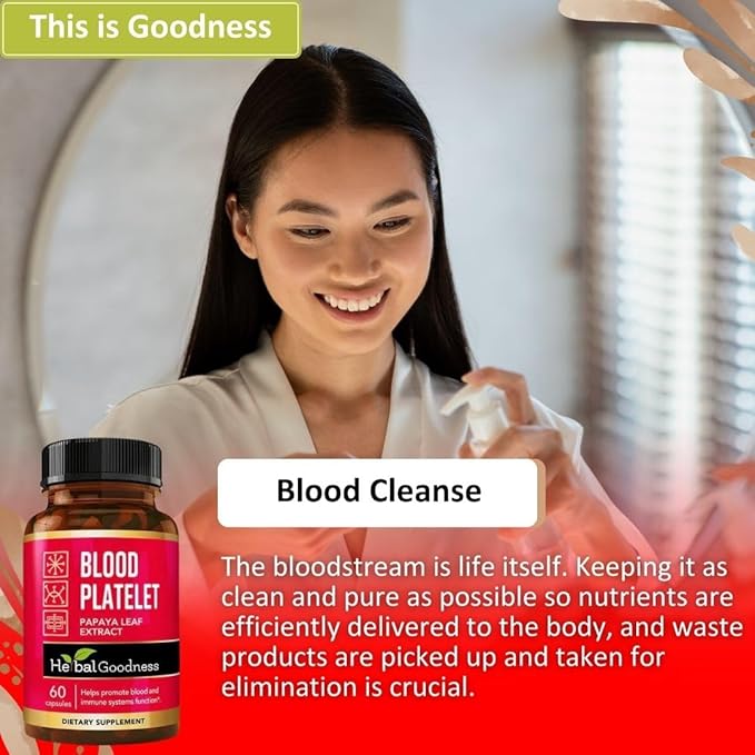 Herbal Goodness Papaya Leaf Blood Platelet Capsules – 600mg 20x Strength – Blood Platelet, Bone Marrow & Immune Support – Blood Cleanse Formula – Non-GMO, Vegan, Made in USA – 60 Capsules