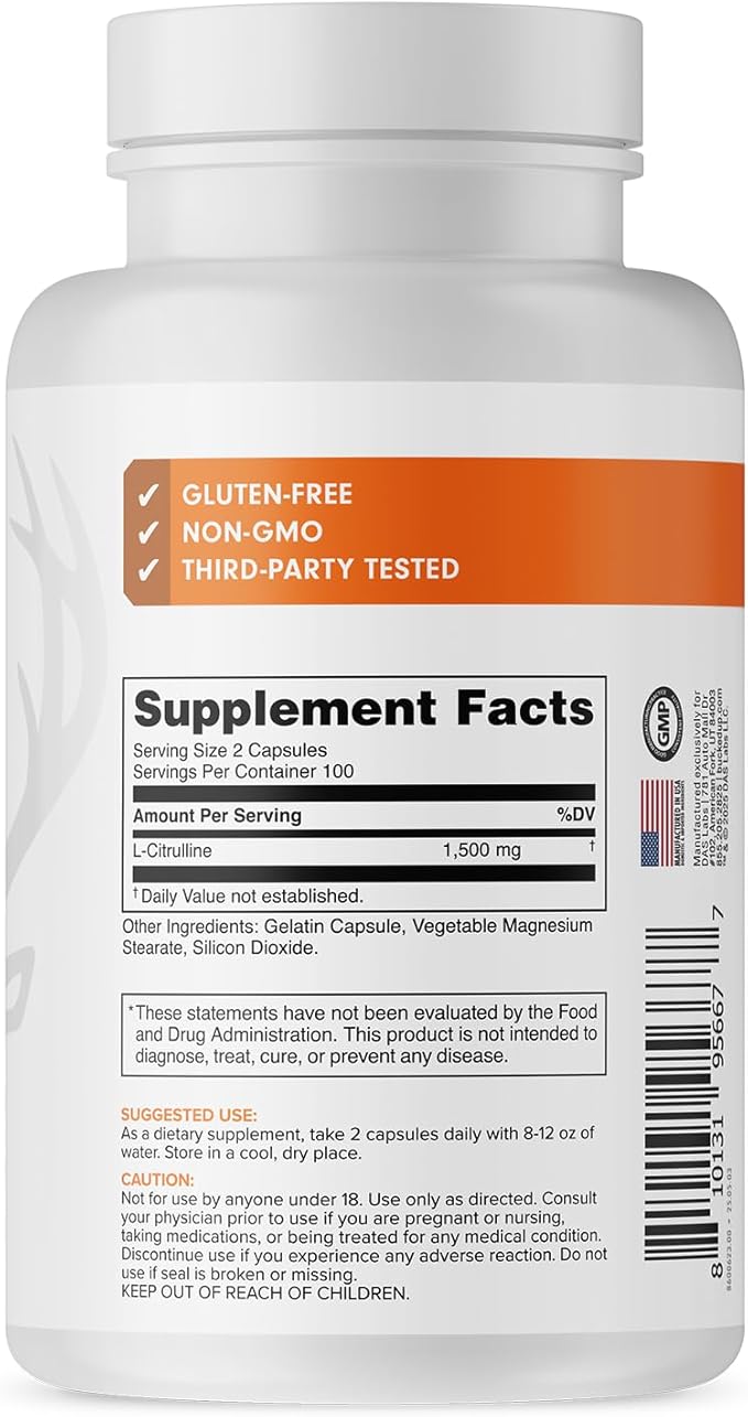 Bucked Up L-Citrulline – 1500mg Per Serving, 200 Capsules, Gluten-Free, Non-GMO, Third-Party Tested