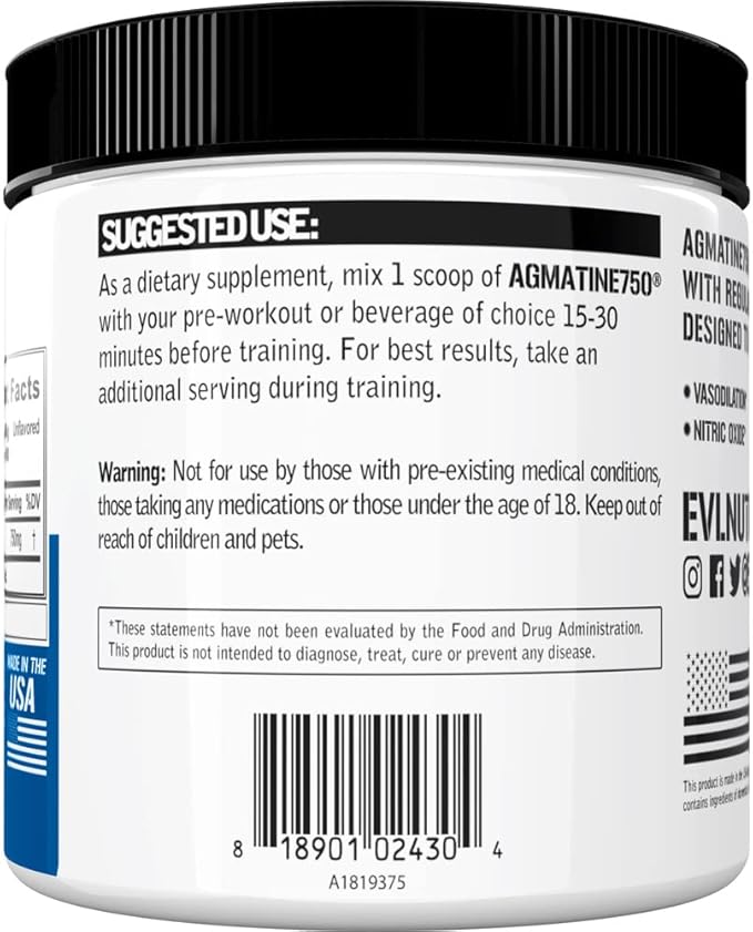 Evlution Agmatine Sulfate Nitric Oxide Powder – High Strength, Unflavored, Muscle Growth & Recovery Supplement