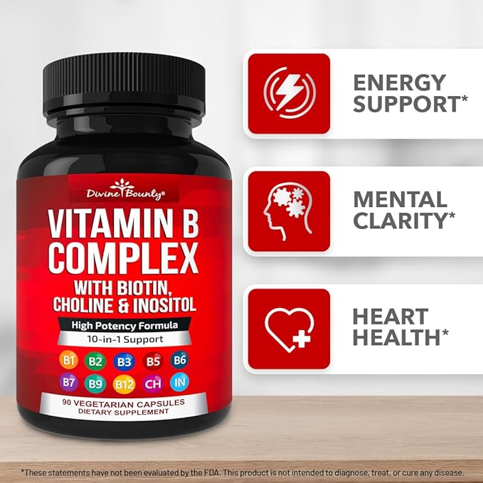 Divine Bounty Super B Complex – All B Vitamins, Energy & Immune Support – 90 Vegetarian Capsules