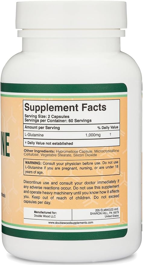 Double Wood L Glutamine Capsules – 1000mg Per Serving, 120 Capsules, Non-GMO, Gluten-Free, Keto Safe, Vegan Friendly