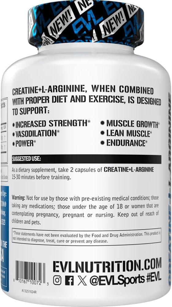 EVLution Nutrition Creatine + L-Arginine – Muscle Growth, Blood Flow & Recovery – 500mg Each – Nitric Oxide Booster – 120 Veggie Capsules – Non-GMO, Gluten-Free