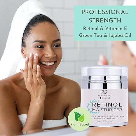 Radha Beauty Moisturizing Miracle Retinol Cream – 2.5% Retinol, Hyaluronic Acid, Vitamin E, Green Tea, Day & Night Anti-Aging Moisturizer, 1.7 oz
