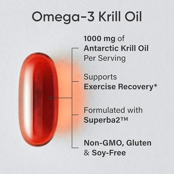 Sports Research Antarctic Krill Oil 1000mg – Omega-3, Phospholipids, Astaxanthin & Choline – Double Strength EPA/DHA – No Fishy Aftertaste – Non-GMO, Gluten-Free – 60 Softgels