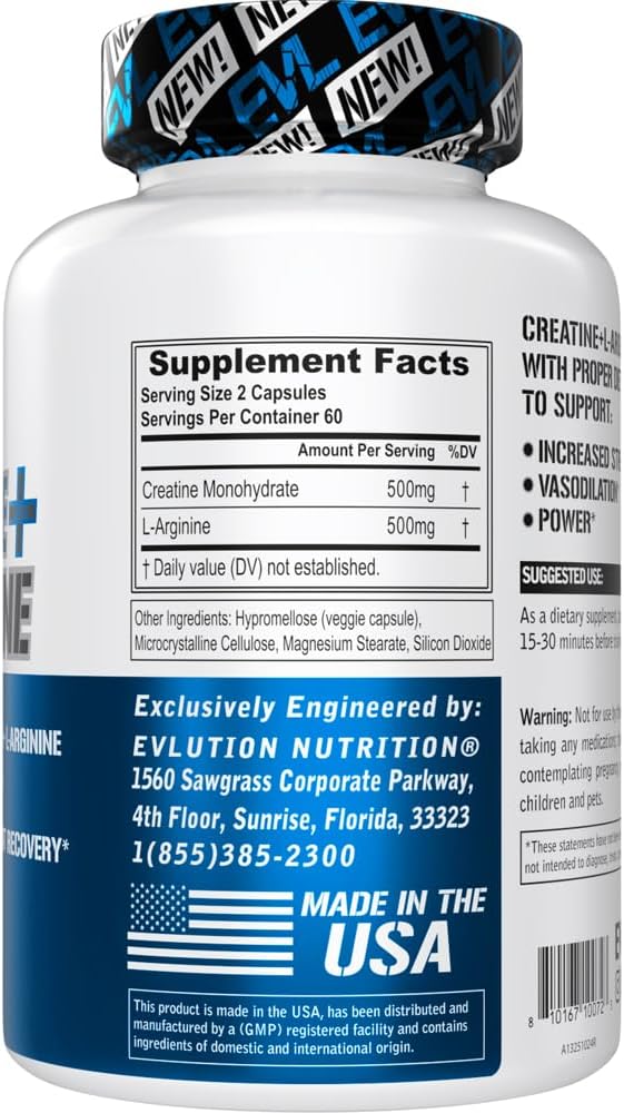 EVLution Nutrition Creatine + L-Arginine – Muscle Growth, Blood Flow & Recovery – 500mg Each – Nitric Oxide Booster – 120 Veggie Capsules – Non-GMO, Gluten-Free