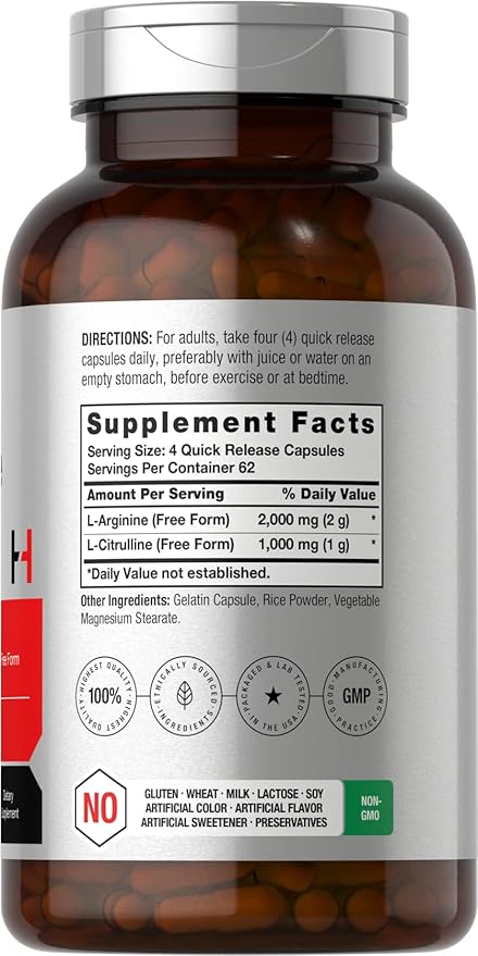 Horbäach L-Arginine L-Citrulline Complex – 3000mg Amino Acid Supplement – Nitric Oxide Booster, Blood Flow & Endurance – Non-GMO, Gluten-Free – 250 Capsules