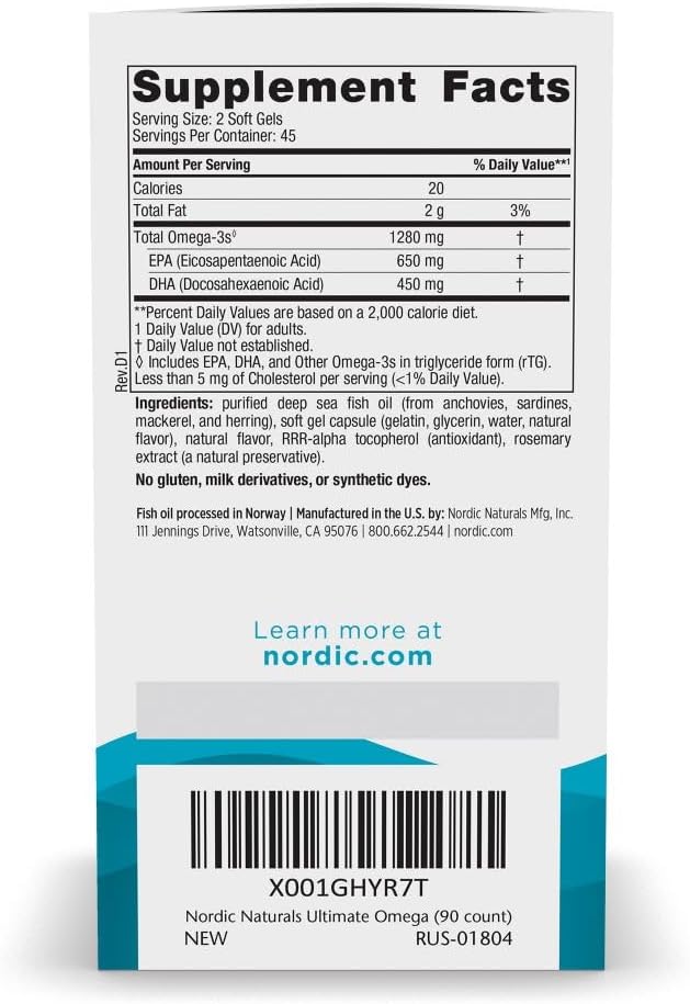 Nordic Naturals Ultimate Omega 1280mg – High-Potency EPA & DHA Fish Oil – Lemon Flavor – Brain, Heart & Eye Support – IFOS Certified, Non-GMO, Gluten-Free – 90 Softgels