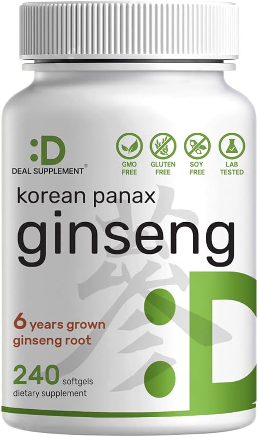 Korean Red Panax Ginseng Root Extract 7500mg – High Strength with 150mg Active Ginsenosides – Energy & Immune Support – Non-GMO, Gluten-Free – 240 Softgels