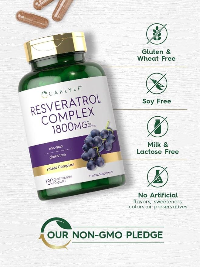 Carlyle Resveratrol 1800mg – Ultra Resveratrol Complex Antioxidant for Heart, Brain & Healthy Aging – Non-GMO, Gluten-Free – 180 Capsules