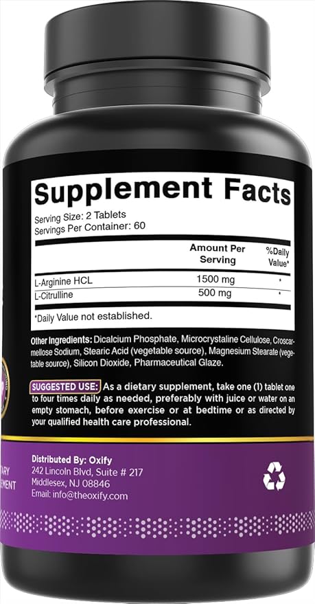 Oxify L-Arginine L-Citrulline Complex – 2000 mg Per Serving, 120 Tablets, Gluten-Free, Non-GMO, Made in USA