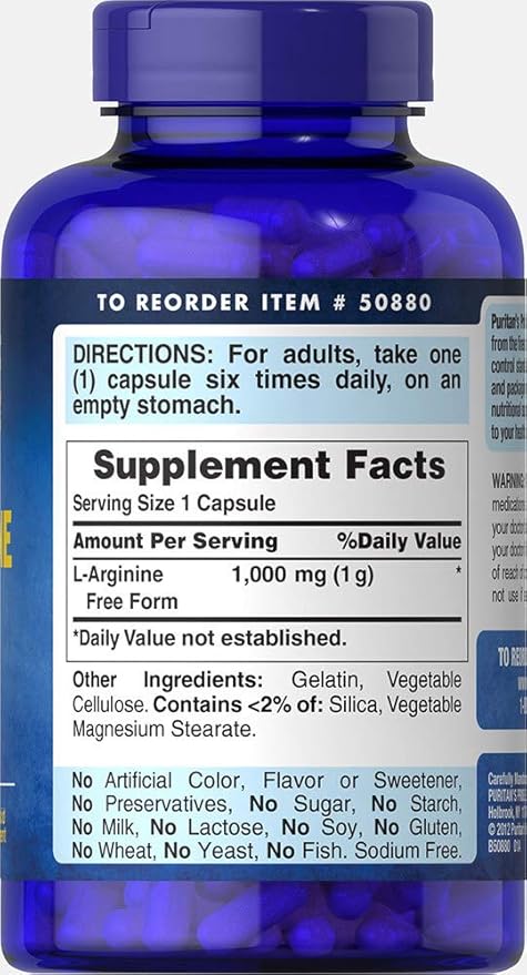 Puritan's Pride L-Arginine 1000mg – Amino Acid Supplement for Energy, Immunity & Post-Workout Recovery – Nitric Oxide Booster – 100 Capsules – Non-GMO, Gluten-Free