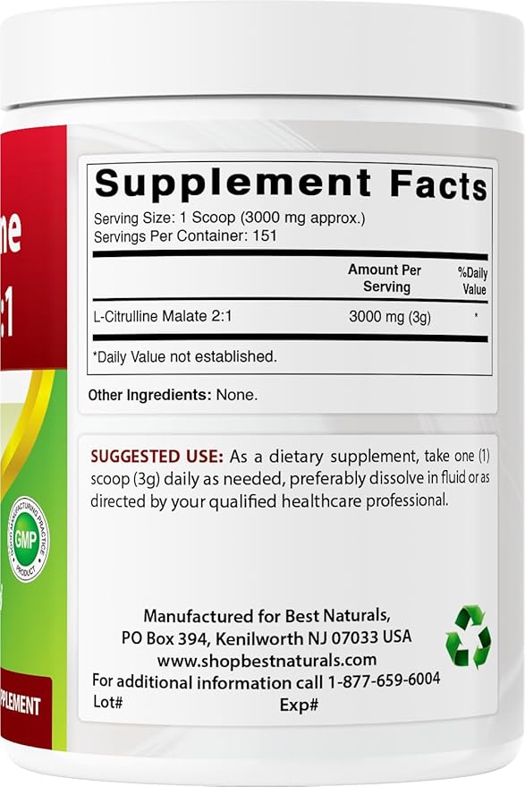 Best Naturals L-Citrulline Malate 2:1 Powder – 1 lb, High-Potency Workout Supplement