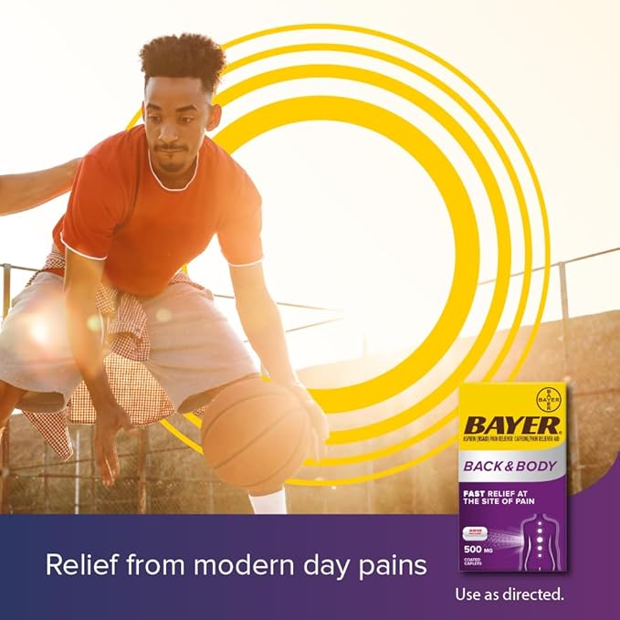 Bayer Extra Strength Aspirin 500mg with Caffeine for Fast Back & Body Pain Relief – Dual Action Formula, 200 Coated Caplets