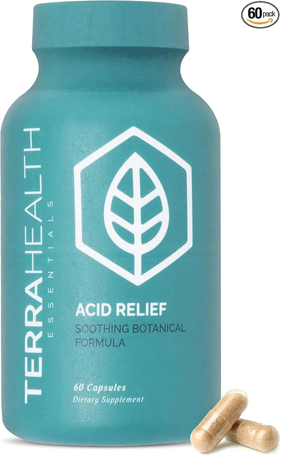 Terra Health Acid Relief – Natural Heartburn & Reflux Support – 60 Capsules with Slippery Elm, Aloe & Chamomile