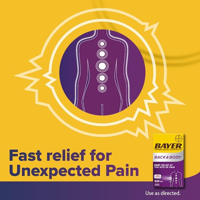 Bayer Extra Strength Aspirin 500mg with Caffeine for Fast Back & Body Pain Relief – Dual Action Formula, 200 Coated Caplets