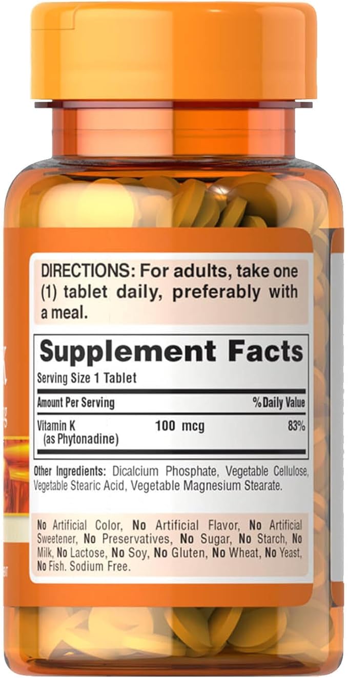 Puritan’s Pride Vitamin K 100mcg – Bone, Joint & Blood Clotting Support – 100 Tablets