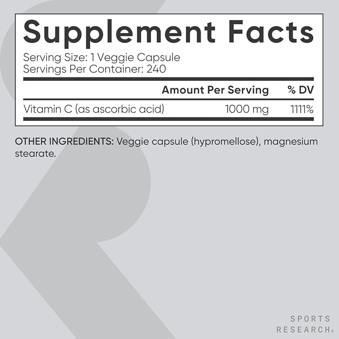 Sports Research Vitamin C 1000mg – Immune & Antioxidant Support – Non-GMO, Vegan – 240 Capsules