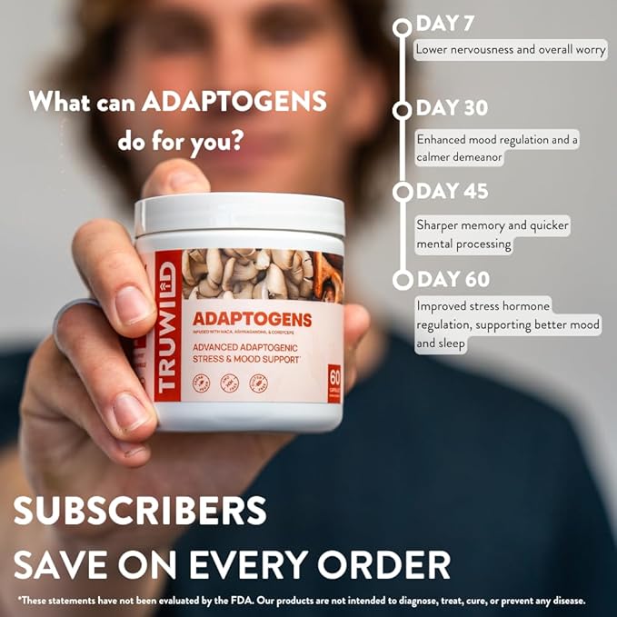 TruWild Adaptogen Blend – Cordyceps, Maca & Ashwagandha – Daily Energy, Immune & Stress Support – All-Natural, Vegan, Non-GMO – 60 Capsules